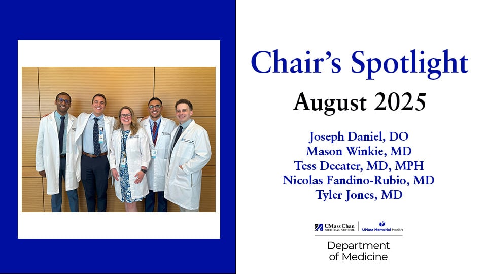 Chair's Spotlight, August 2025, image of Joseph Daniel, DO, Mason Winkie, MD, Tess Decater, MD, MPH, Nicolas Fandino-Rubio, MD, and Tyler Jones, MD
