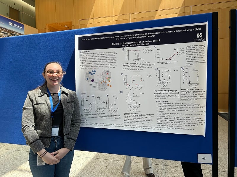 Molly Murphy, a graduate student in the Silverman lab, presents her poster, "Plasma membrane rupture protein Ninjurin A controls susceptibility of Drosophila melanogaster to Invertebrate Iridescent Virus 6 (IIV6) infection in a Turandot-independent manner" at this year&rsquo;s meeting
