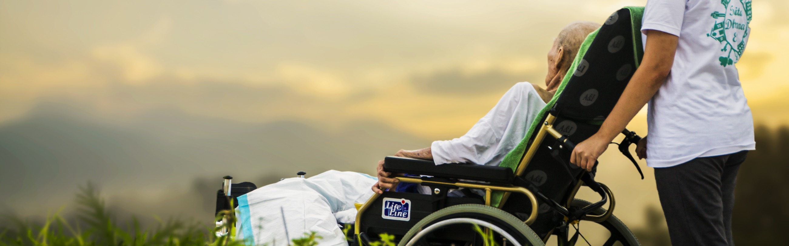 A young person stands behind an elderly person in a wheelchair, who looks out over a beautiful mountain landscape.
