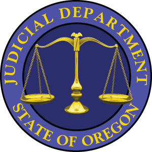 Oregon Judicial Department state seal: justice scales with text forming a circle around it