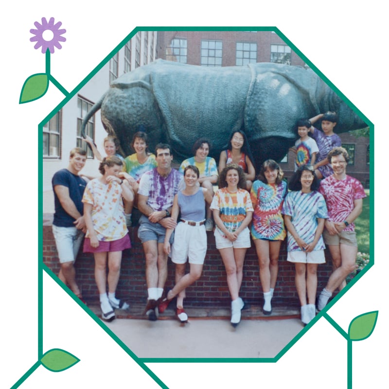 A photo from 1990 with Victor Ambros and Rosalind &ldquo;Candy&rdquo; Lee and their lab at Harvard University celebrating with mentee Craig Mello