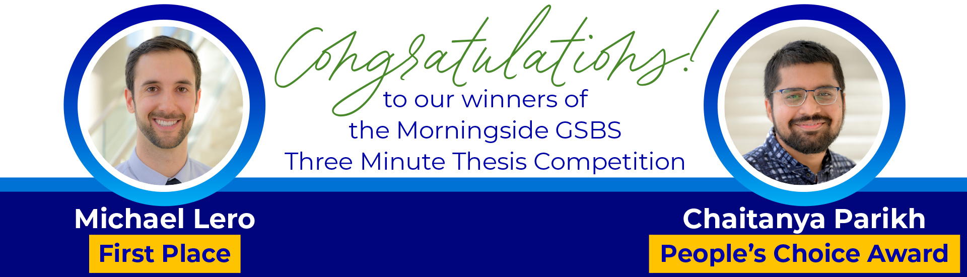 Banner announcing MCCB student winners of the UMass Chan Three Minute Thesis Competition