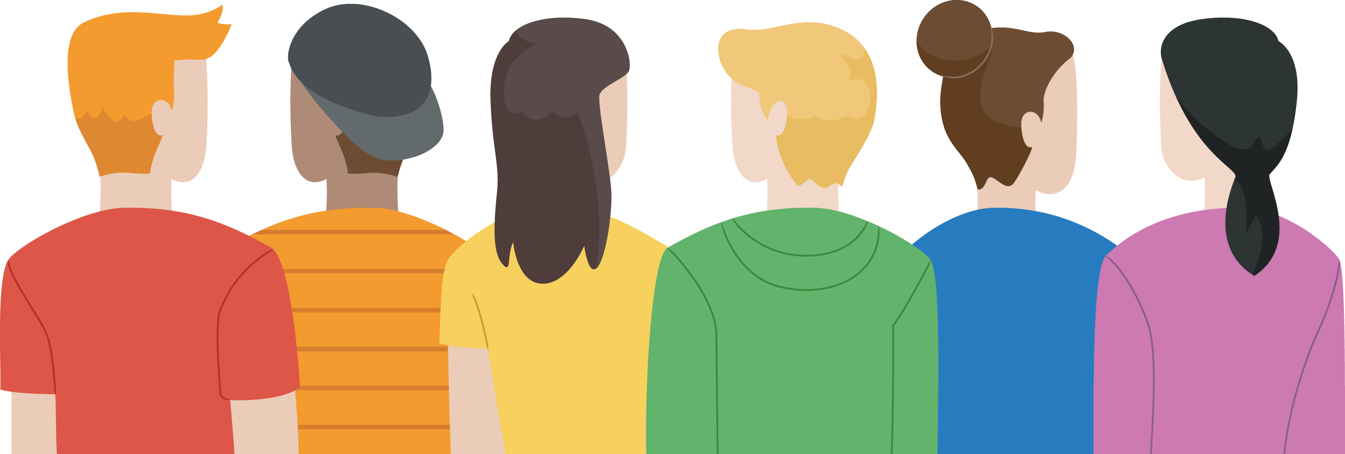 cartoon of 6 youth with their backs towards audience each in a different color of the rainbow