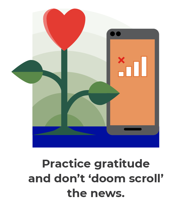 Illustration for practicing gratitude and savoring the good in life, while dialing down negative inputs such as &ldquo;doom scrolling&rdquo; the news, can help rewire the mind to incline more toward the positive.