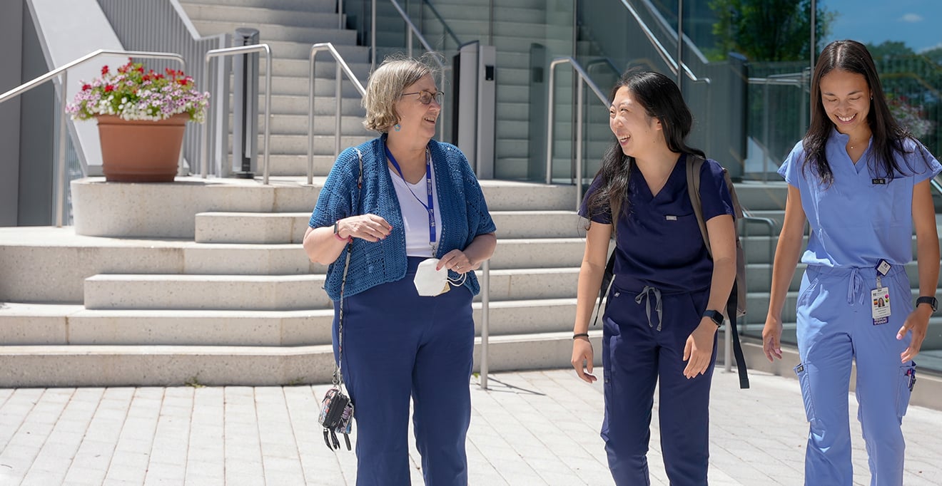 Jill Zitzewitz, PhD, (left) with medical students Angelina Cicerchia and Jaein Jung. Dr. Zitzewitz has woven her personal experience into her teaching, educating graduate and medical students on pharmacology, cancer biology and protein misfolding, often sharing insights on how therapies emerge from years of basic science research.